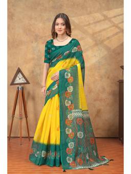 Nyri - Linen Cotton Saree For Women - Yellow