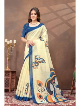 Nyri - Linen Cotton Saree For Women - Cream