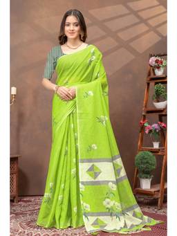 Nyri - Linen Cotton Saree For Women - Green