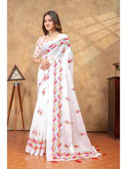 Nyri - Linen Cotton Saree For Women - White