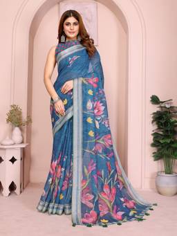 Nyri - Linen Cotton Saree For Women - Teal