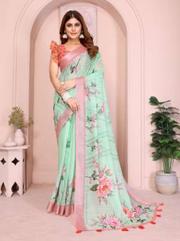 Nyri - Linen Cotton Saree For Women - Green