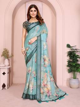Nyri - Linen Cotton Saree For Women - Green