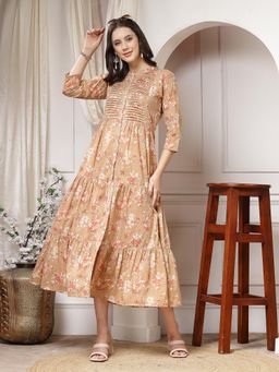 Indibelle - Brown Floral Print Flared Midi Dress