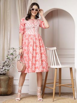 Indibelle - Peach Floral Print Flared Dress