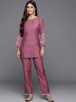 Varanga - Women Workwear Mauve Embroidered Silk Co-Ord (Set Of 2)
