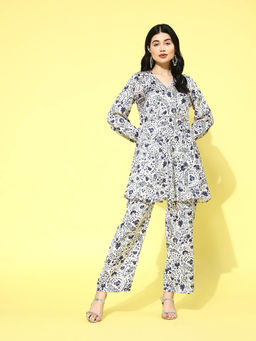 Varanga - Women White Floral Printed Silk Co-Ord (Set of 2)