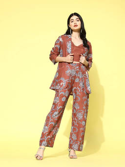 Varanga - Women Workwear Rust Floral Printed Viscose Co-Ord (Set Of 3)