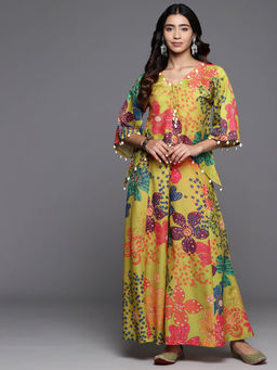 Varanga - Women Mustard Floral Printed Silk Co-Ord (Set of 2)