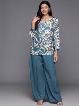 Varanga - Women Workwear Blue Floral Printed Silk Co-Ord (Set Of 3)