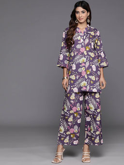 Varanga - Women Workwear Purple Floral Printed Cotton Co-Ord (Set Of 2)