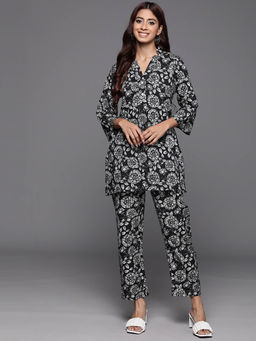 Varanga - Women Workwear Black Floral Printed Cotton Co-Ord (Set Of 2)
