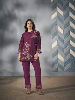 Varanga - Women Workwear Purple Embroidered Silk Co-Ord (Set Of 2)