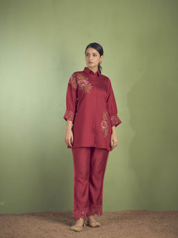 Varanga - Women Workwear Maroon Embroidered Silk Co-Ord (Set Of 2)