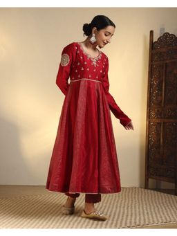 Sarvaa by Kriti - Maroon Devi Embroidered Anarkali and Pant