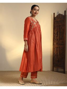 Sarvaa by Kriti - Orange Aabha Embroidered Kurta and Pant