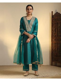 Sarvaa by Kriti - Teal Chaitri Embroidered Kurta and Pant with Dupatta