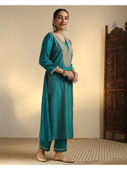 Sarvaa by Kriti - Teal Chaitri Embroidered Kurta and Pant