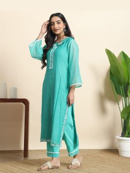 Sarvaa by Kriti - Turquoise Dahlia Embroidered Kurta and Pant