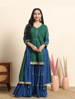 Sarvaa by Kriti - Green The Mayur Embroidered Kurta and Sharara with Dupatta