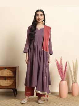 Sarvaa by Kriti - Purple Saanjh Embroidered Anarkali and Pant with Dupatta