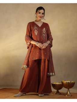 Sarvaa by Kriti - Brown Aadya Embroidered Kurta with Sharara and Dupatta