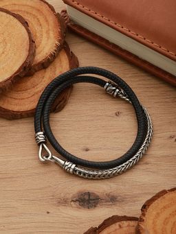 Jazz and Sizzle - Men Silver Toned Black Wraparound Bracelet