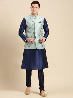 Sanwara - Mens Printed Solid Art Silk Light Green Jacket and Kurta (Set of 2)