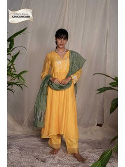 PANTS AND PAJAMAS - Yellow Chikan Embroidered Kurta (Set of 3)