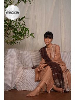 PANTS AND PAJAMAS - Beige Chikan Embroidered Kurta (Set of 3)