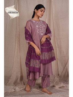 PANTS AND PAJAMAS - Purple Chikan Embroidered Kurta (Set of 3)