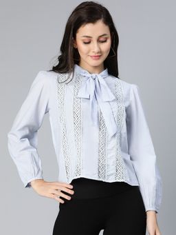 Oxolloxo - Raised Blue Laced Up And Tie-knotted Women Partywear Cotton Top