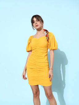 Style Quotient - Women Mustard Solid Puff Sleeves Dress
