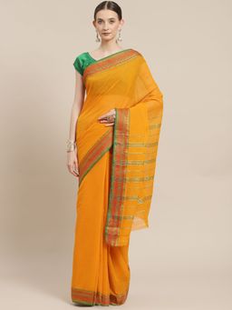 ISHIN - Womens Cotton Blend Mustard Solid Woven Design Saree with Unstitched Blouse