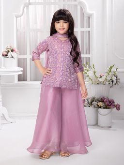 Tiny Kingdom - Silk Flared Palazzo Along With Dupatta - Lavender (Set of 3)