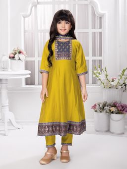 Tiny Kingdom - Silk Printed Fit & Flared Anarkali Along With Dupatta - Yellow (Set of 3)