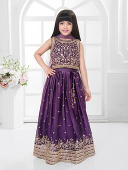 Tiny Kingdom - Satin Flared Lehenga Choli Along With Dupatta - Purple (Set of 3)
