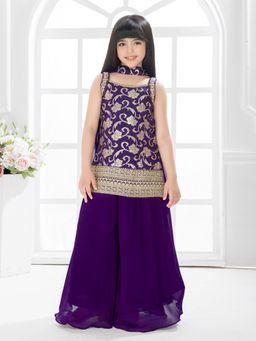 Tiny Kingdom - Zari Work Top & Palazzo Along With Dupatta - Purple (Set of 3)