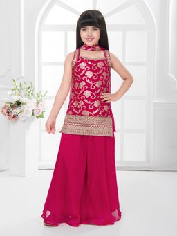Tiny Kingdom - Zari Work Top & Palazzo Along With Dupatta - Red (Set of 3)