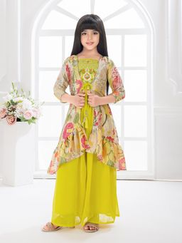 Tiny Kingdom - Printed Top And Palazzo Along With Jacket - Yellow (Set of 3)