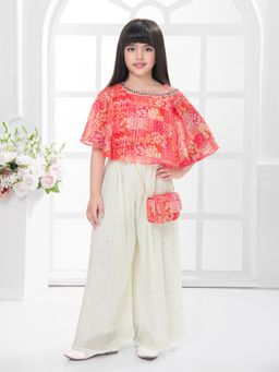 Tiny Kingdom - Printed Cape Top Along With Palazzo & Sling Bag - Orange (Set of 3)