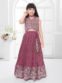 Tiny Kingdom - Sleeveless Flared Lehenga Choli Along With Dupatta - Wine (Set of 3)