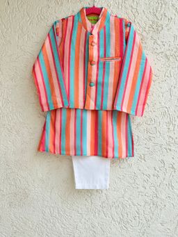 Tiny Pants - Boys Multicolor Striped Kurta And Pajama With Jacket In Lining (Set of 3)