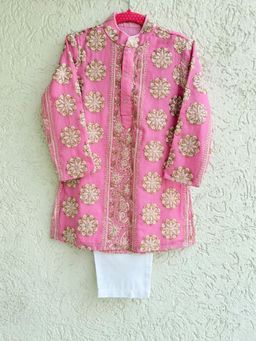 Tiny Pants - Boys Pink Kurta With Chikankari, Zari & Sequin - Sherwani Look