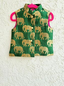 Tiny Pants - Boys Dark Green Banarasi Nehru Jacket With Golden Elephant Embroidery