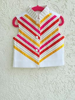 Tiny Pants - Boys White Cotton Nehru Jacket With Patchwork