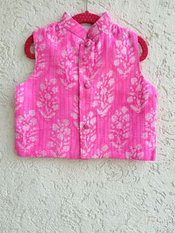 Tiny Pants - Neon Pink Boys Ethnic Nehru Jacket With Mughal Boota Print - Premium Cotton