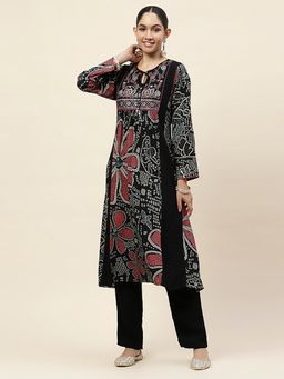 Lakshita - Black Floral Printed Rayon Kurta with Pant (Set of 2)