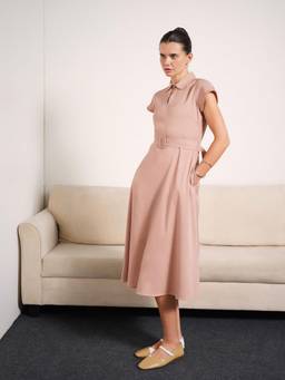 FABLE STREET - Fit & Flare A-Line Dress with Belt - Pink