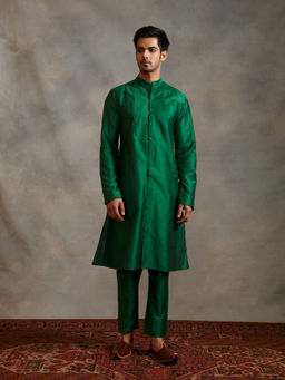 Abhishti - Banarasi Pintuck Detail Kurta with Ankle Pants Emerald Green (Set of 2)